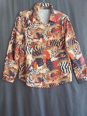 Animal Patchwork Button-Up Blouse in Earth Tones
